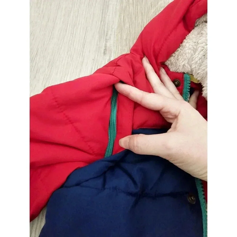 Baby Mini Boden Hooded Navy Red Convertible Coat Jacket Vest Sherpa 3-6 Months